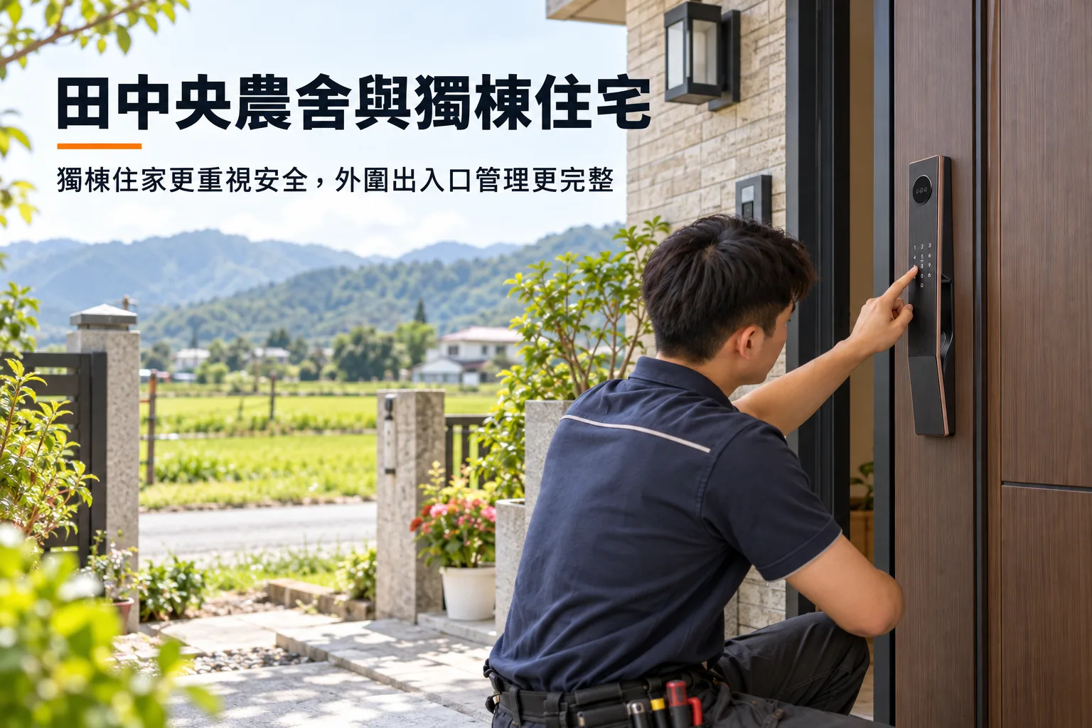 宜蘭田中央農舍獨棟住宅安裝電子鎖,屋主以密碼開門