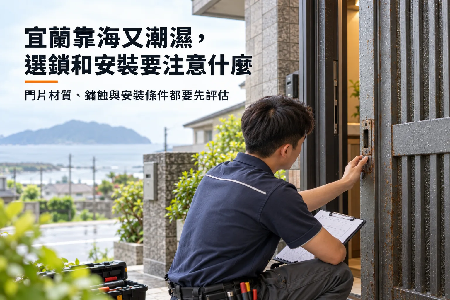 技師在宜蘭靠海住宅檢查鏽蝕鐵門的門框與鎖舌條件